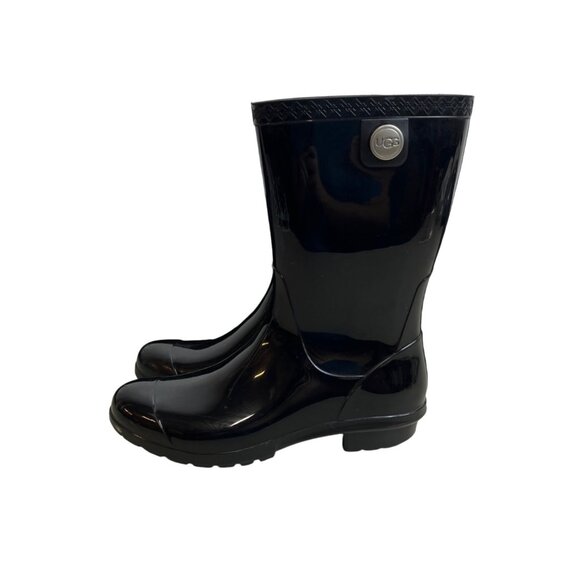 UGG Women's Shiny Black Rubber Signature Logo Sienna Rain Boots Sz 7 - Picture 4 of 14